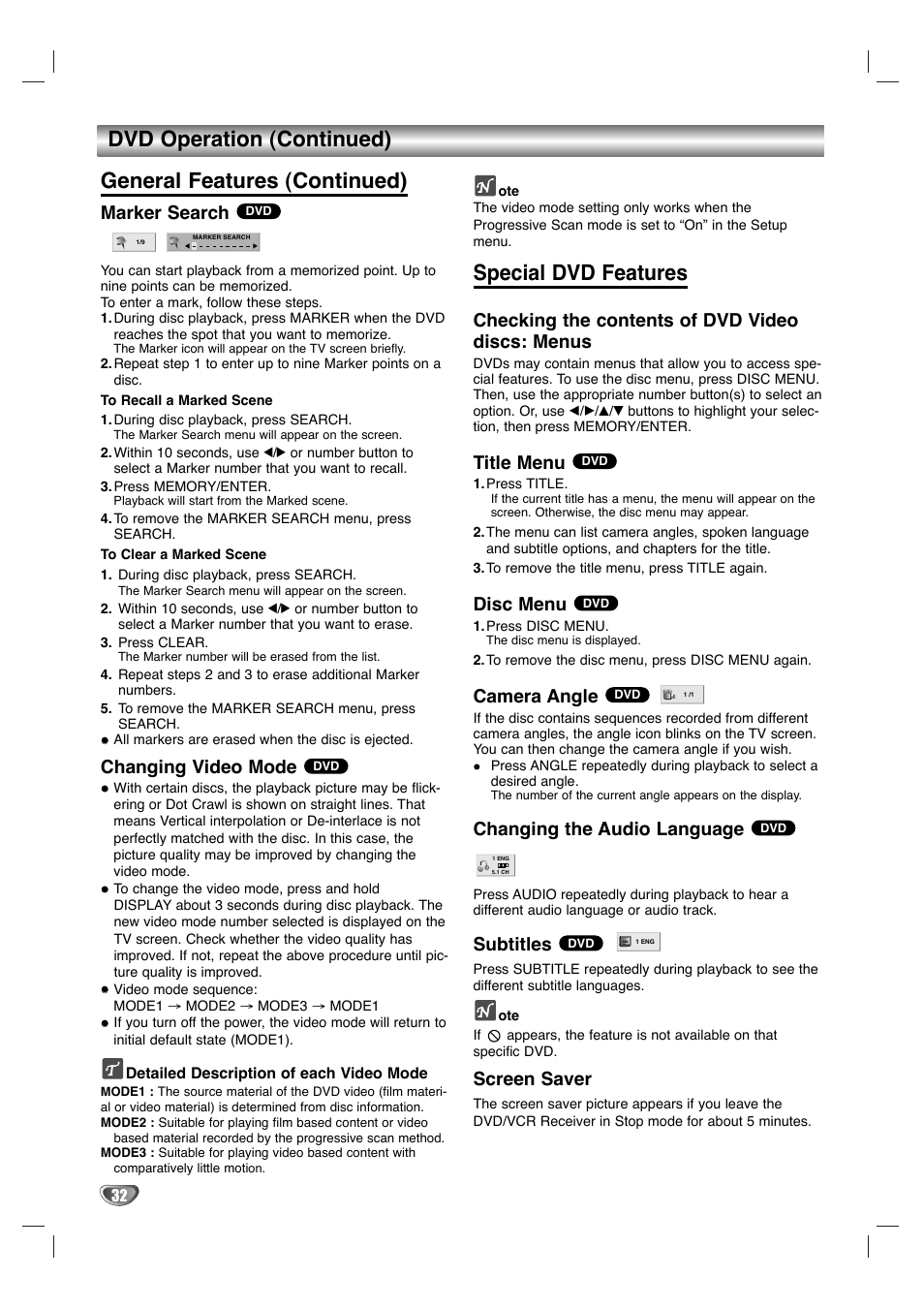 Special dvd features, Marker search, Changing video mode | Checking the contents of dvd video discs: menus, Title menu, Disc menu, Camera angle, Changing the audio language, Subtitles, Screen saver | Zenith XBS344 User Manual | Page 32 / 48