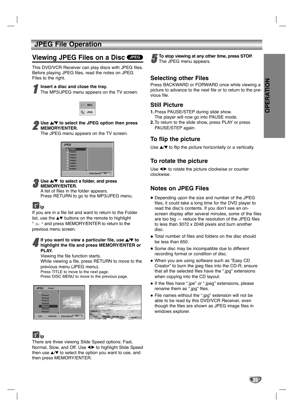 Jpeg file operation, Viewing jpeg files on a disc, Opera tion | Selecting other files, Still picture | Zenith XBS344 User Manual | Page 35 / 48