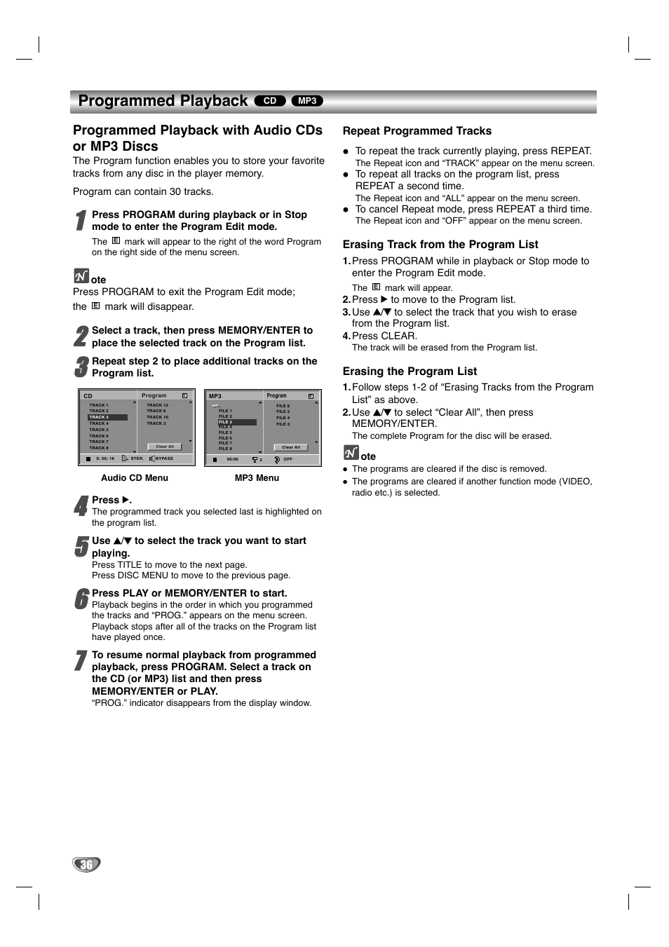 Programmed playback, Programmed playback with audio cds or mp3 discs, Repeat programmed tracks | Erasing track from the program list, Erasing the program list | Zenith XBS344 User Manual | Page 36 / 48