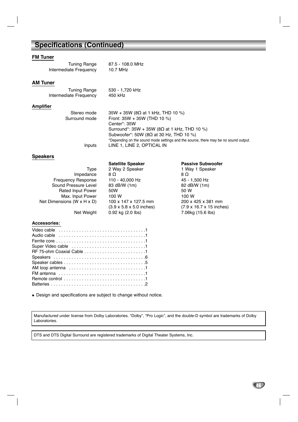 Specifications (continued) | Zenith XBS344 User Manual | Page 46 / 48