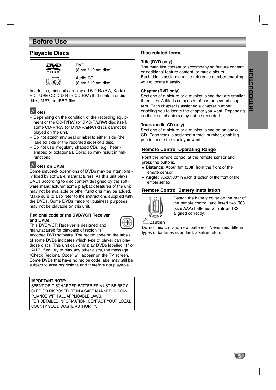 Before use, Introduction, Playable discs | Zenith XBS344 User Manual | Page 5 / 48