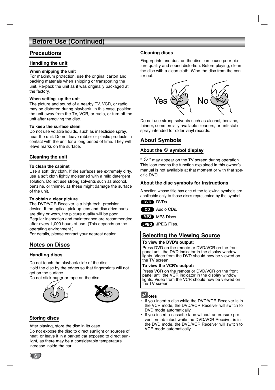 Yes no, Before use (continued), Precautions | About symbols, Selecting the viewing source | Zenith XBS344 User Manual | Page 6 / 48