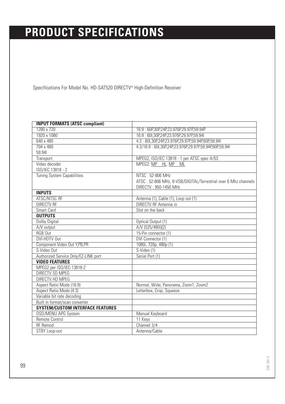 Product specifications | Zenith HD-SAT520 User Manual | Page 100 / 104