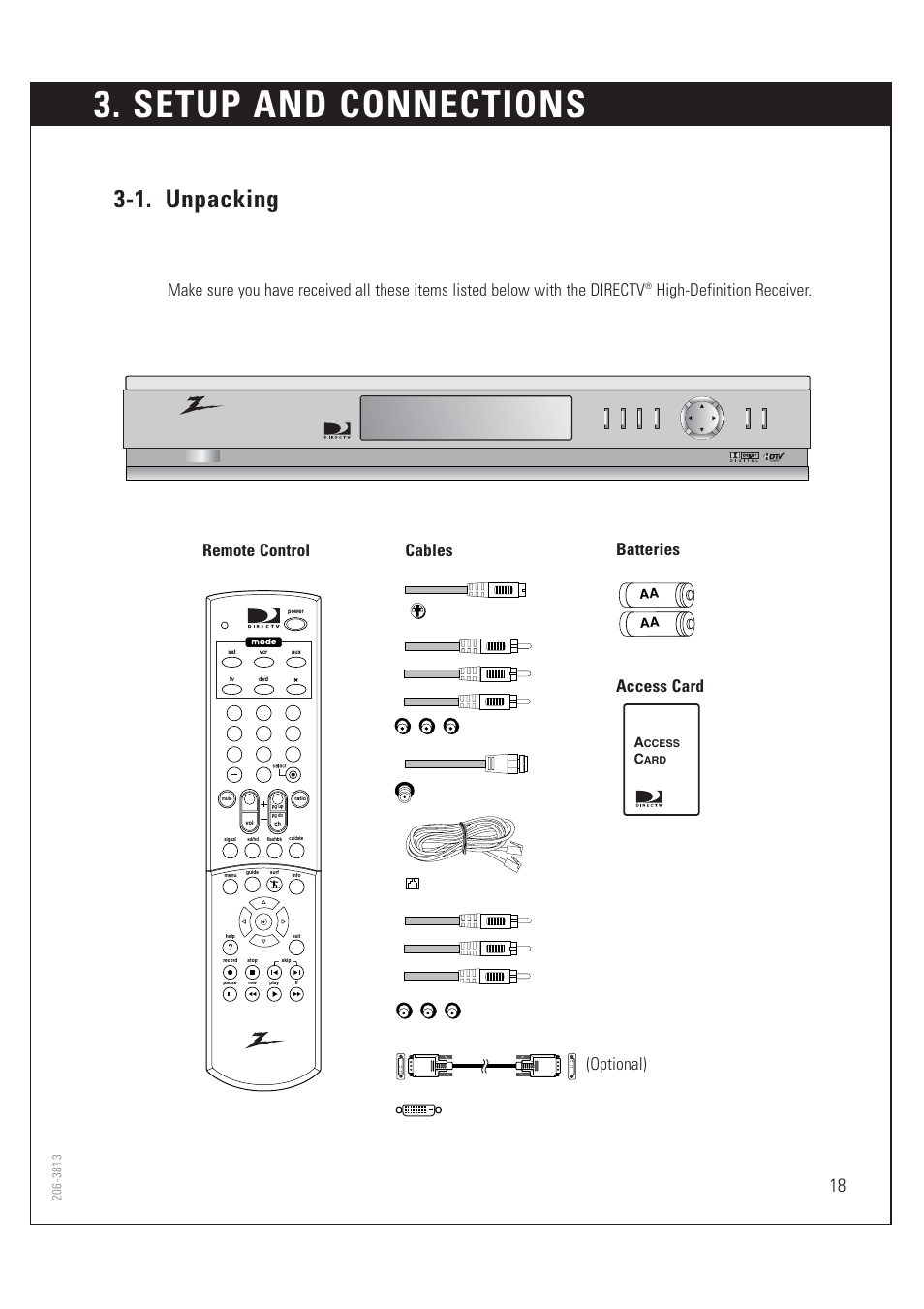 Setup and connections, 1. unpacking, High-definition receiver | Remote control cables (optional) batteries, Access card | Zenith HD-SAT520 User Manual | Page 19 / 104