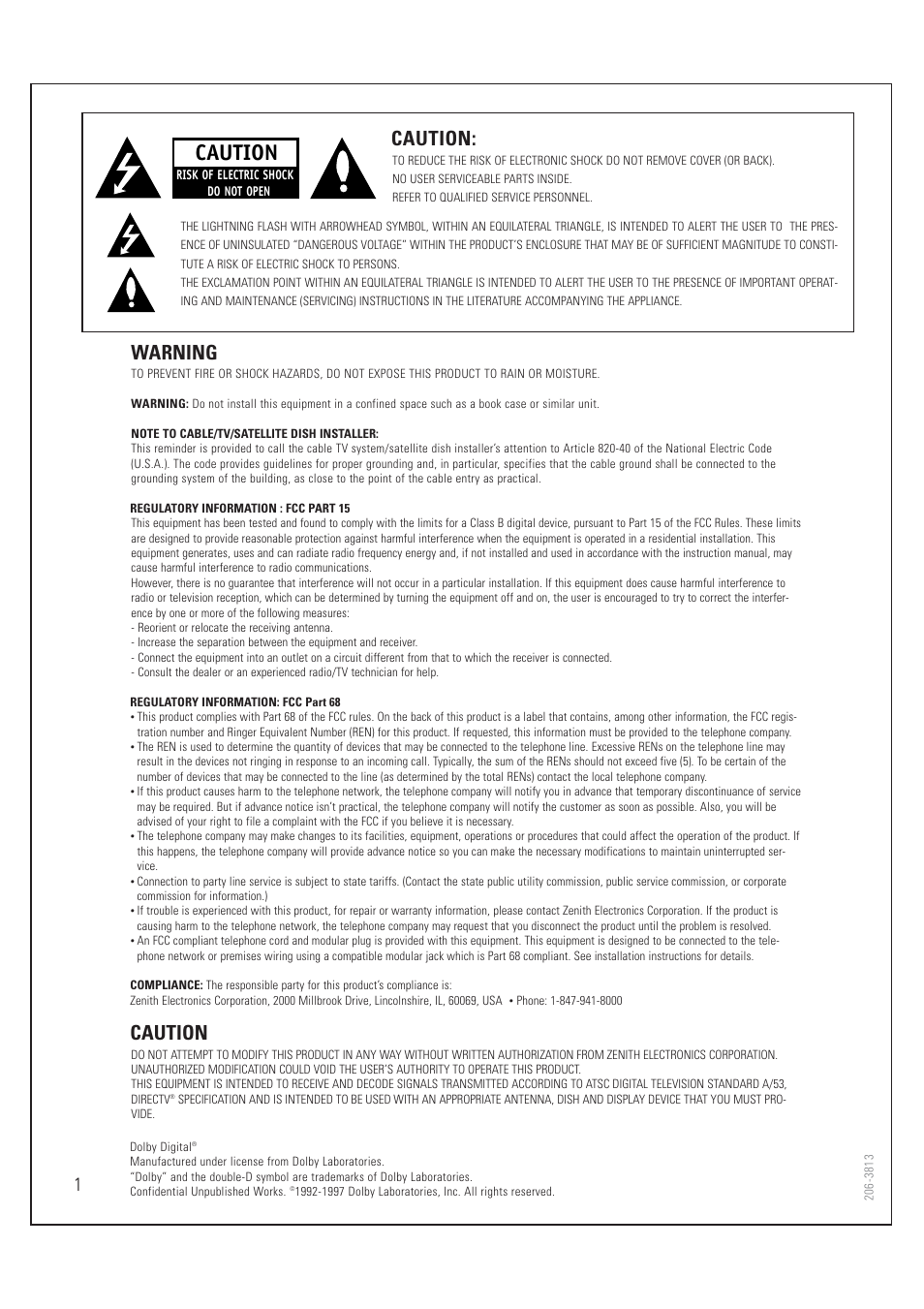 Warning, Caution | Zenith HD-SAT520 User Manual | Page 2 / 104