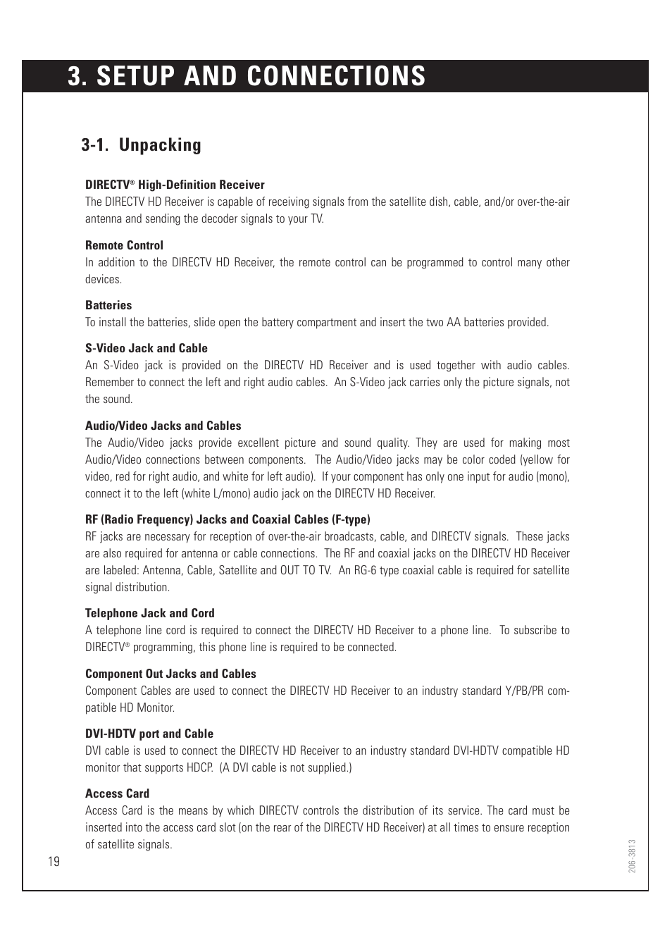 Setup and connections, 1. unpacking | Zenith HD-SAT520 User Manual | Page 20 / 104