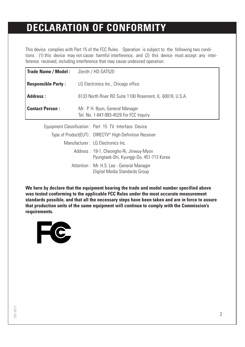 Declaration of conformity | Zenith HD-SAT520 User Manual | Page 3 / 104