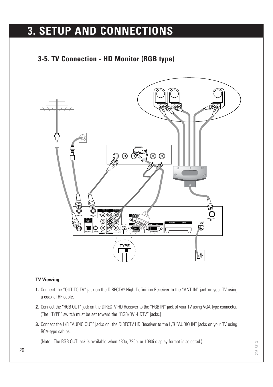 Setup and connections, 5. tv connection - hd monitor (rgb type) | Zenith HD-SAT520 User Manual | Page 30 / 104