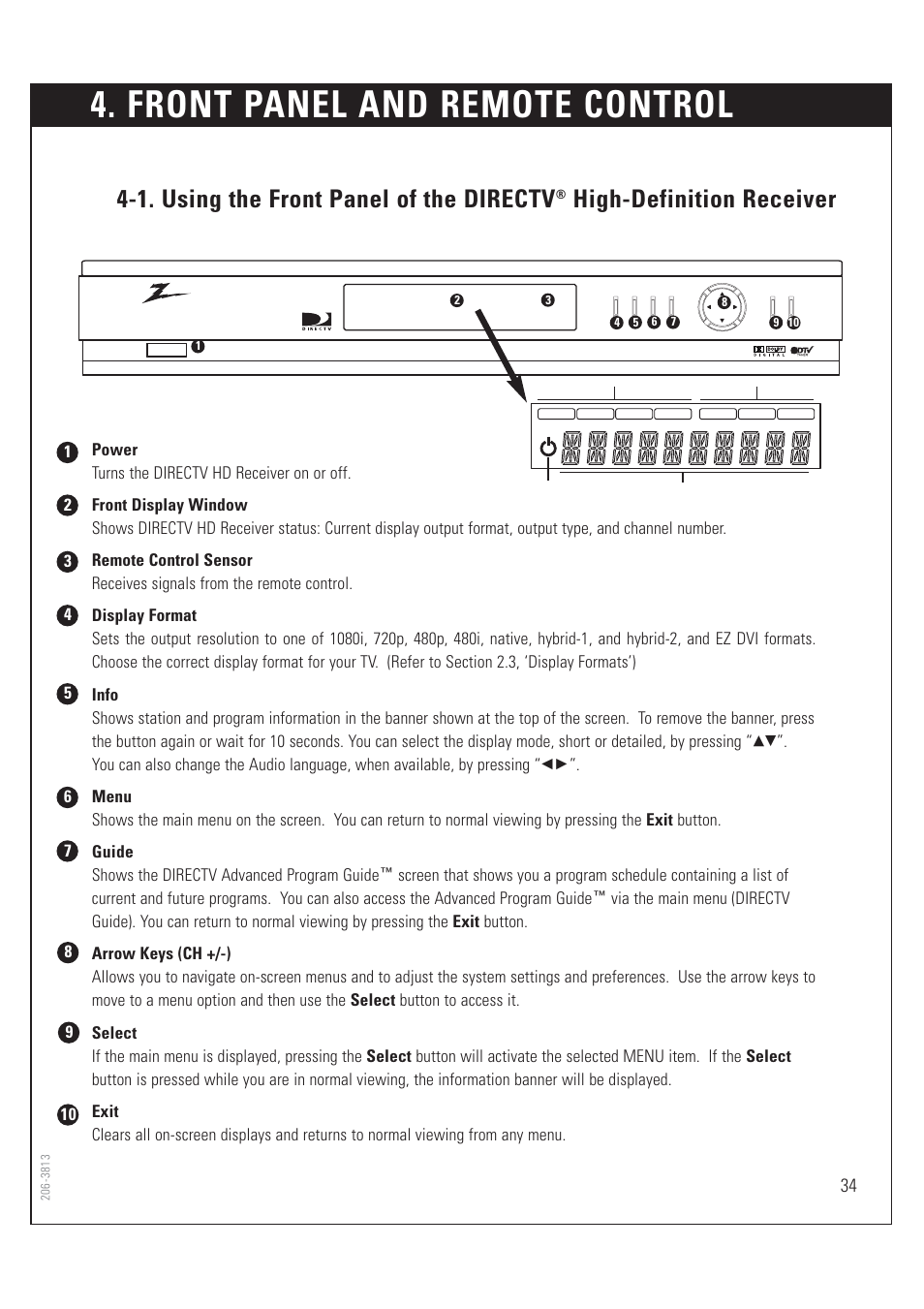 Front panel and remote control, 1. using the front panel of the directv, High-definition receiver | Zenith HD-SAT520 User Manual | Page 35 / 104