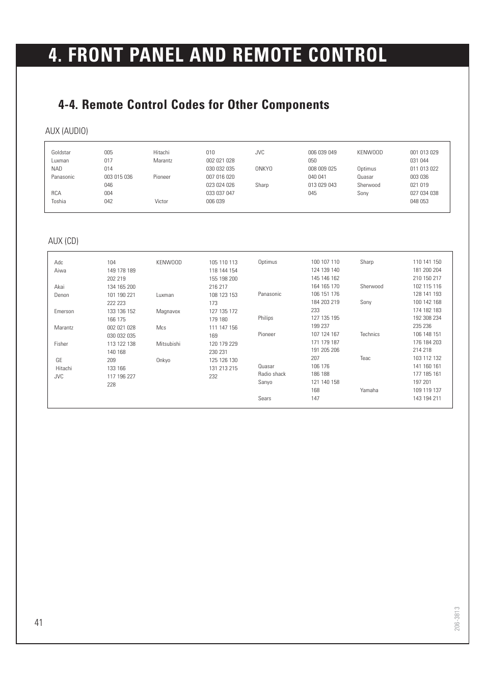 Front panel and remote control, 4. remote control codes for other components, Aux (audio) | Aux (cd) | Zenith HD-SAT520 User Manual | Page 42 / 104