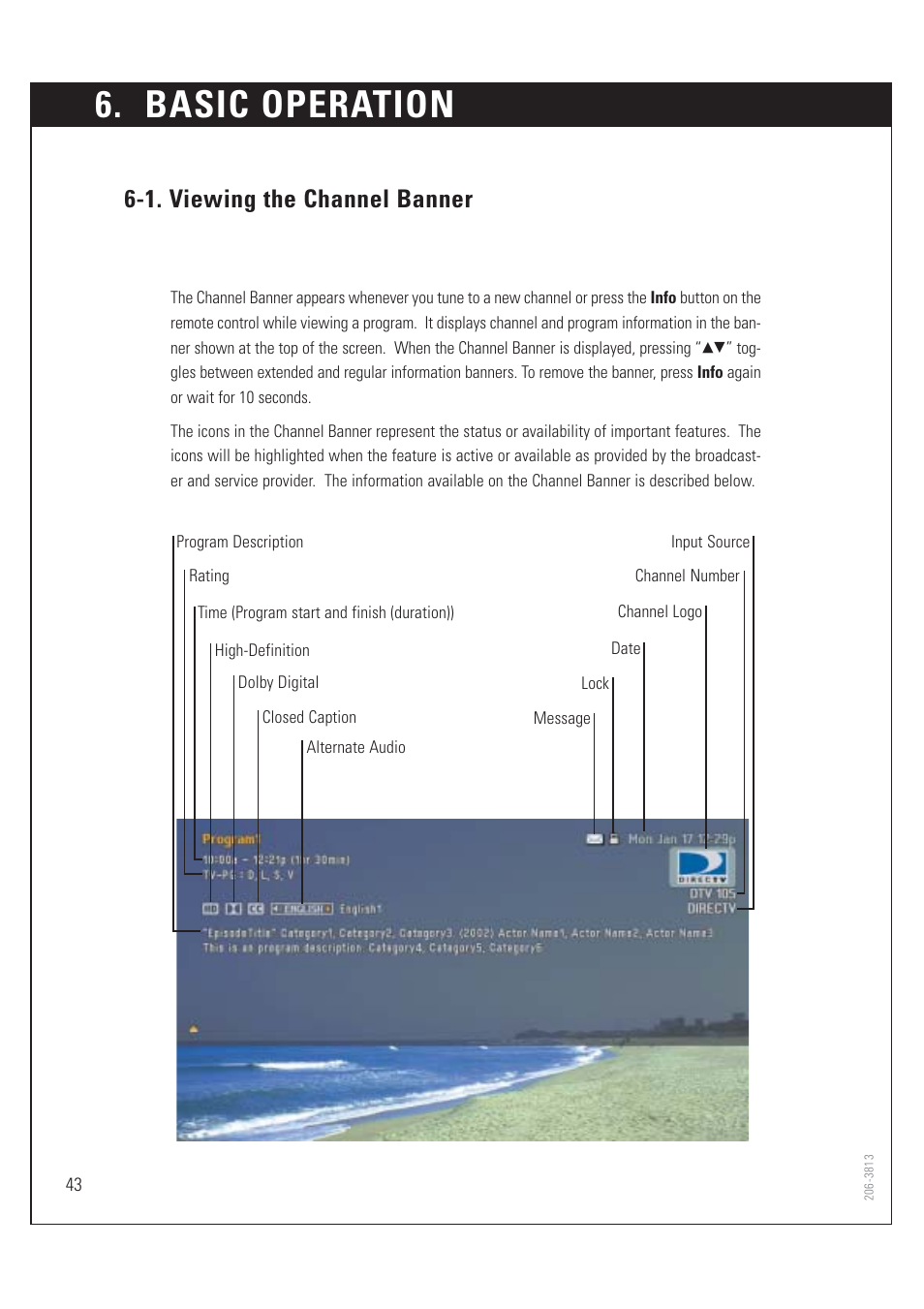 Basic operation, 1. viewing the channel banner | Zenith HD-SAT520 User Manual | Page 44 / 104