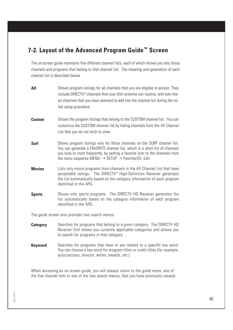 2. layout of the advanced program guide, Screen | Zenith HD-SAT520 User Manual | Page 49 / 104