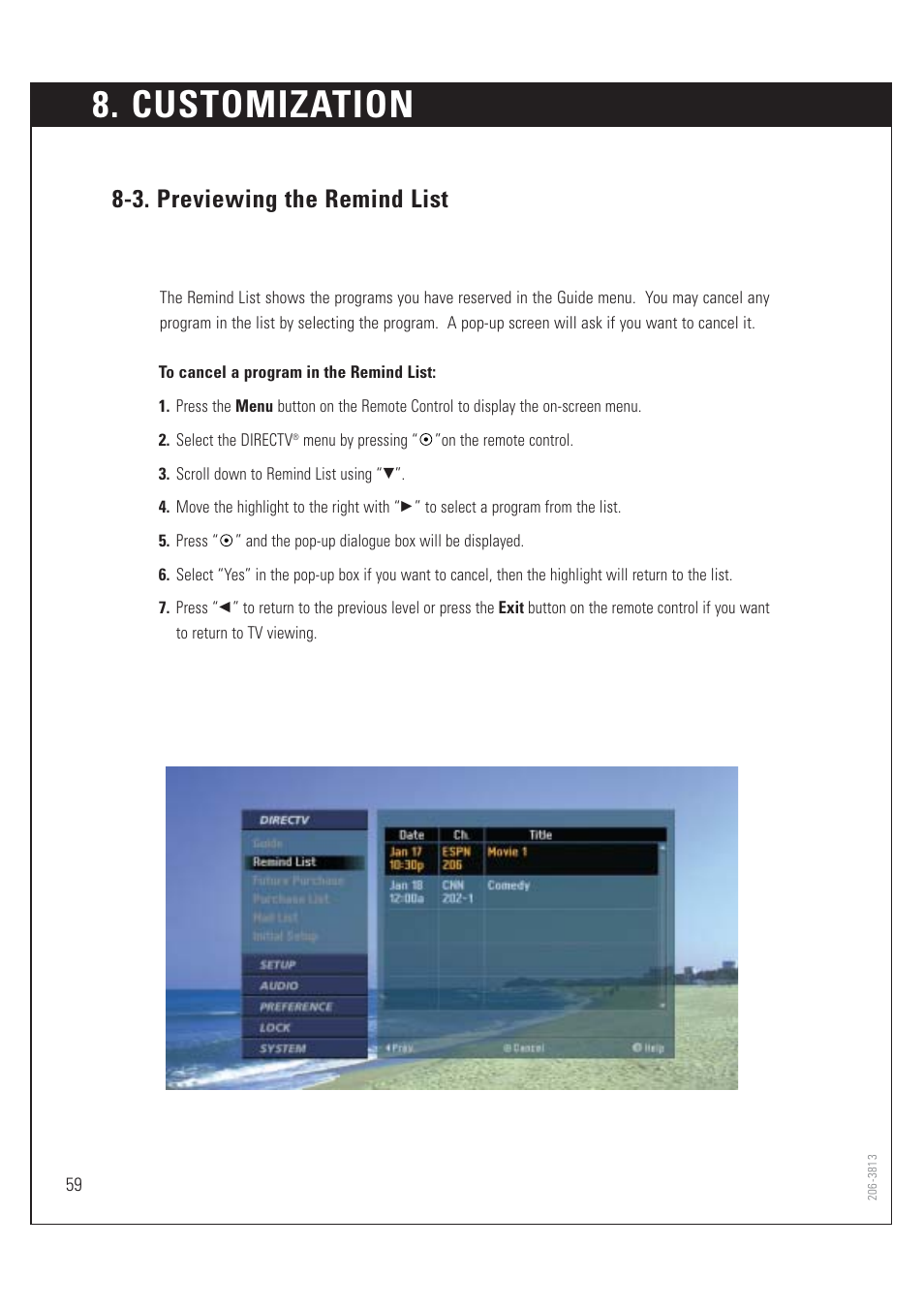 Customization, 3. previewing the remind list | Zenith HD-SAT520 User Manual | Page 60 / 104