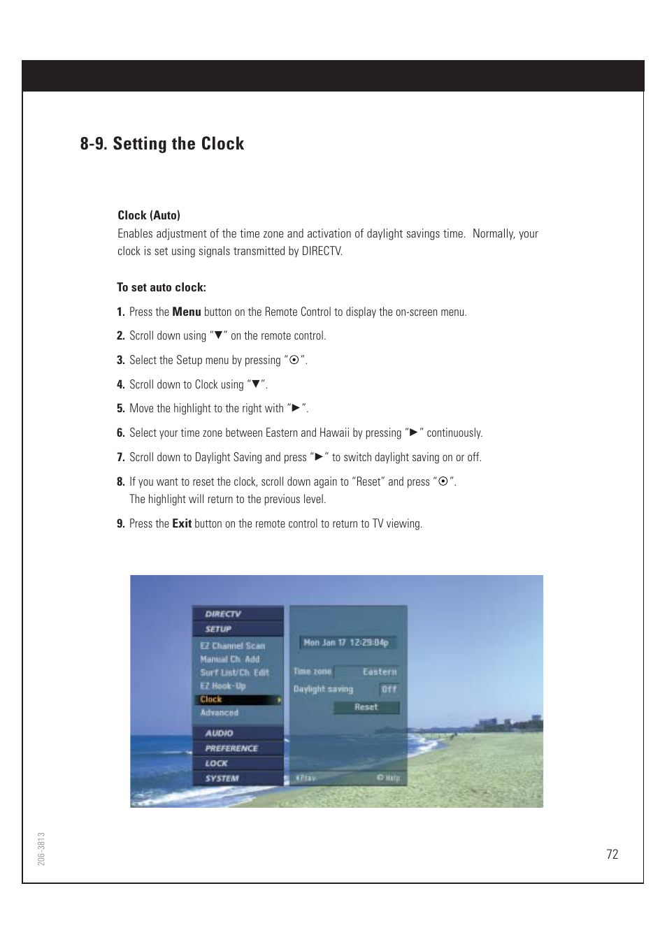 9. setting the clock | Zenith HD-SAT520 User Manual | Page 73 / 104