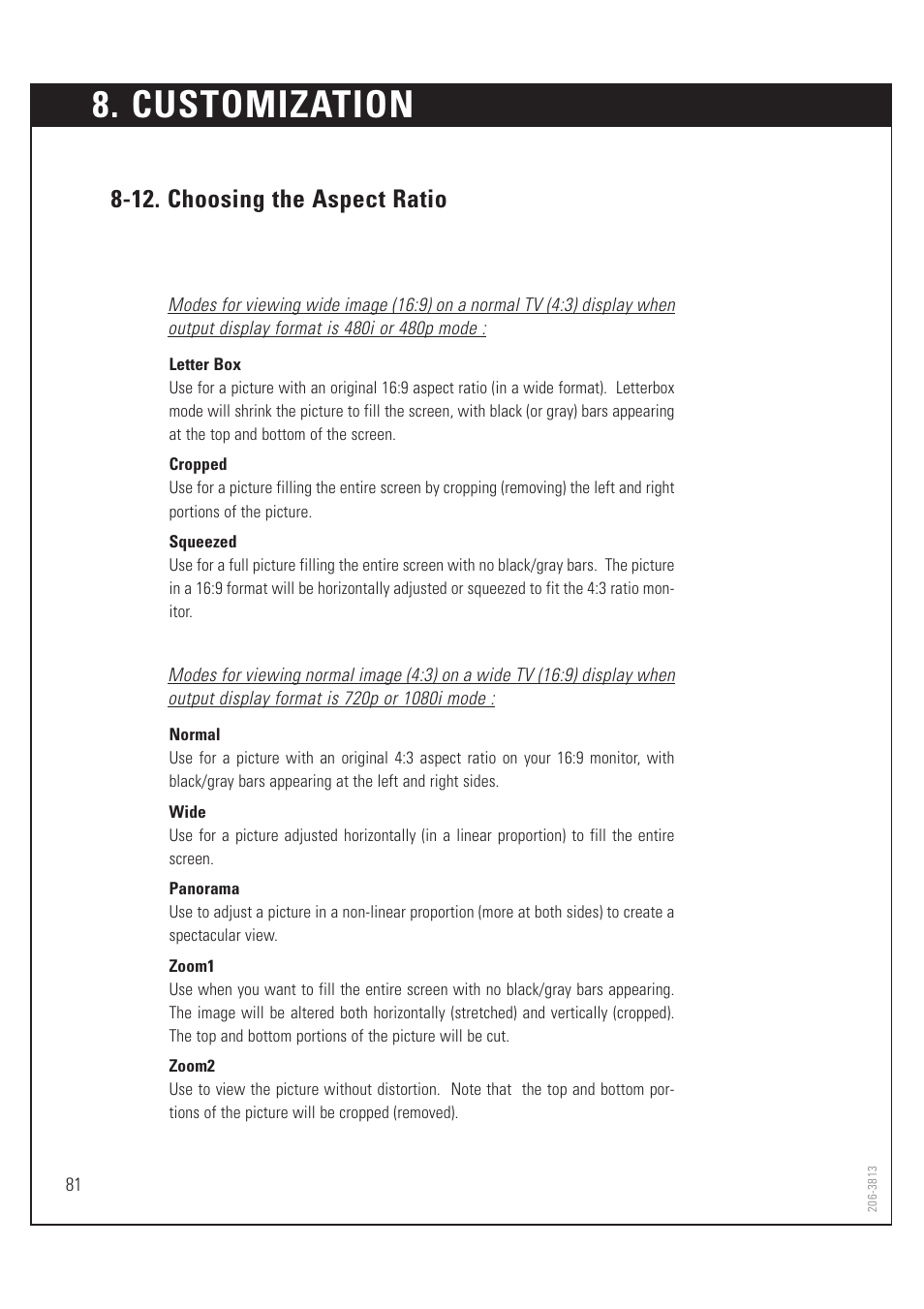 Customization, 12. choosing the aspect ratio | Zenith HD-SAT520 User Manual | Page 82 / 104