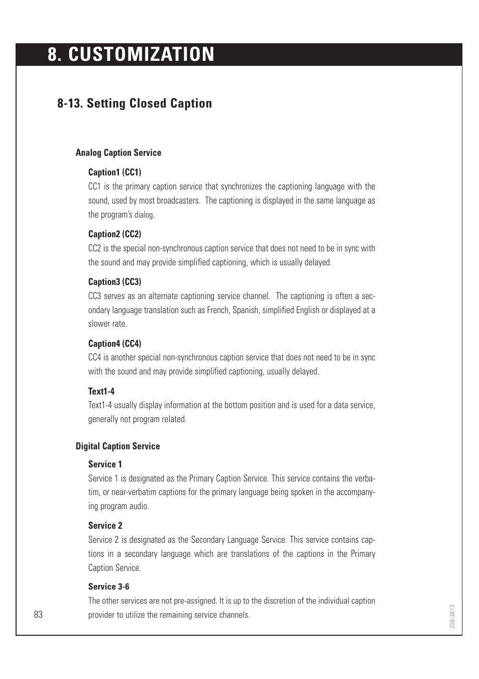 Customization, 13. setting closed caption | Zenith HD-SAT520 User Manual | Page 84 / 104