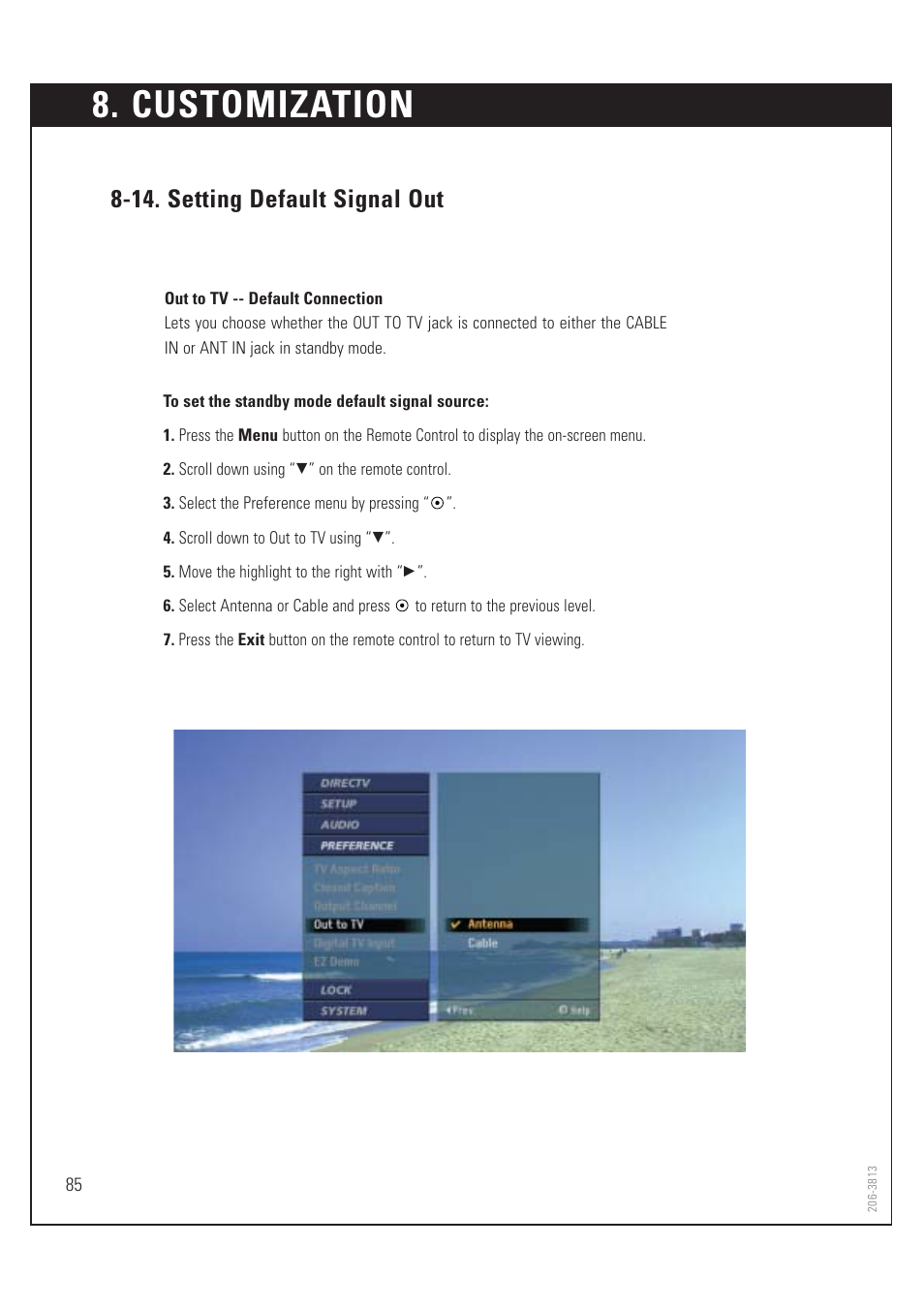 Customization, 14. setting default signal out | Zenith HD-SAT520 User Manual | Page 86 / 104