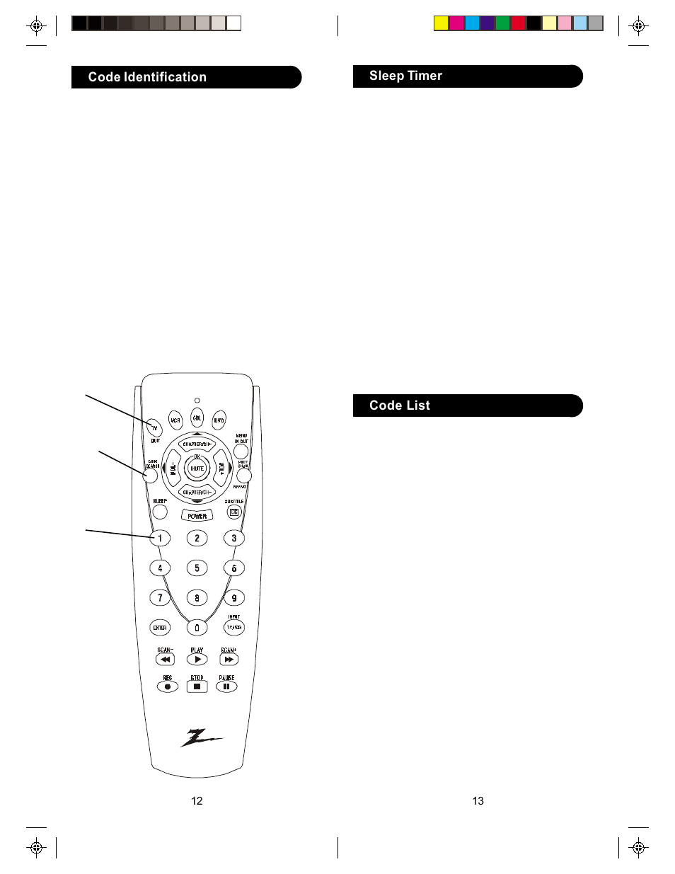 Sleep timer, Code identification, Code list tv | Zenith ZN-411 User Manual | Page 7 / 11