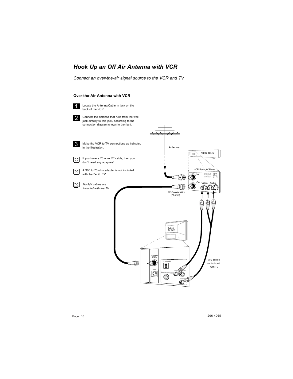 Hook up an off air antenna with vcr 1 2, Over-the-air antenna with vcr | Zenith HEALTHVIEW H20J55DT User Manual | Page 10 / 64