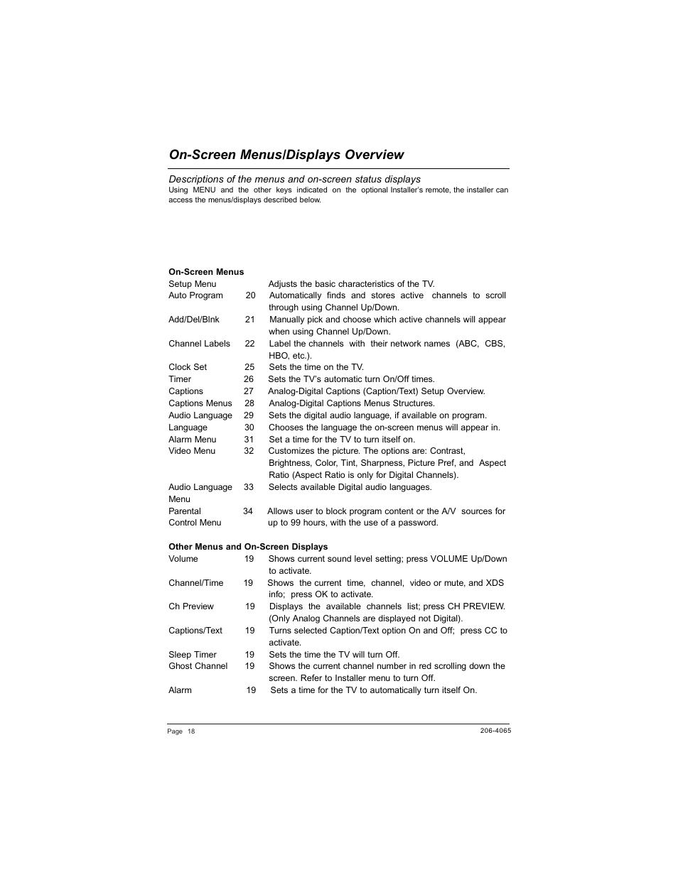 On-screen menus/displays overview | Zenith HEALTHVIEW H20J55DT User Manual | Page 18 / 64