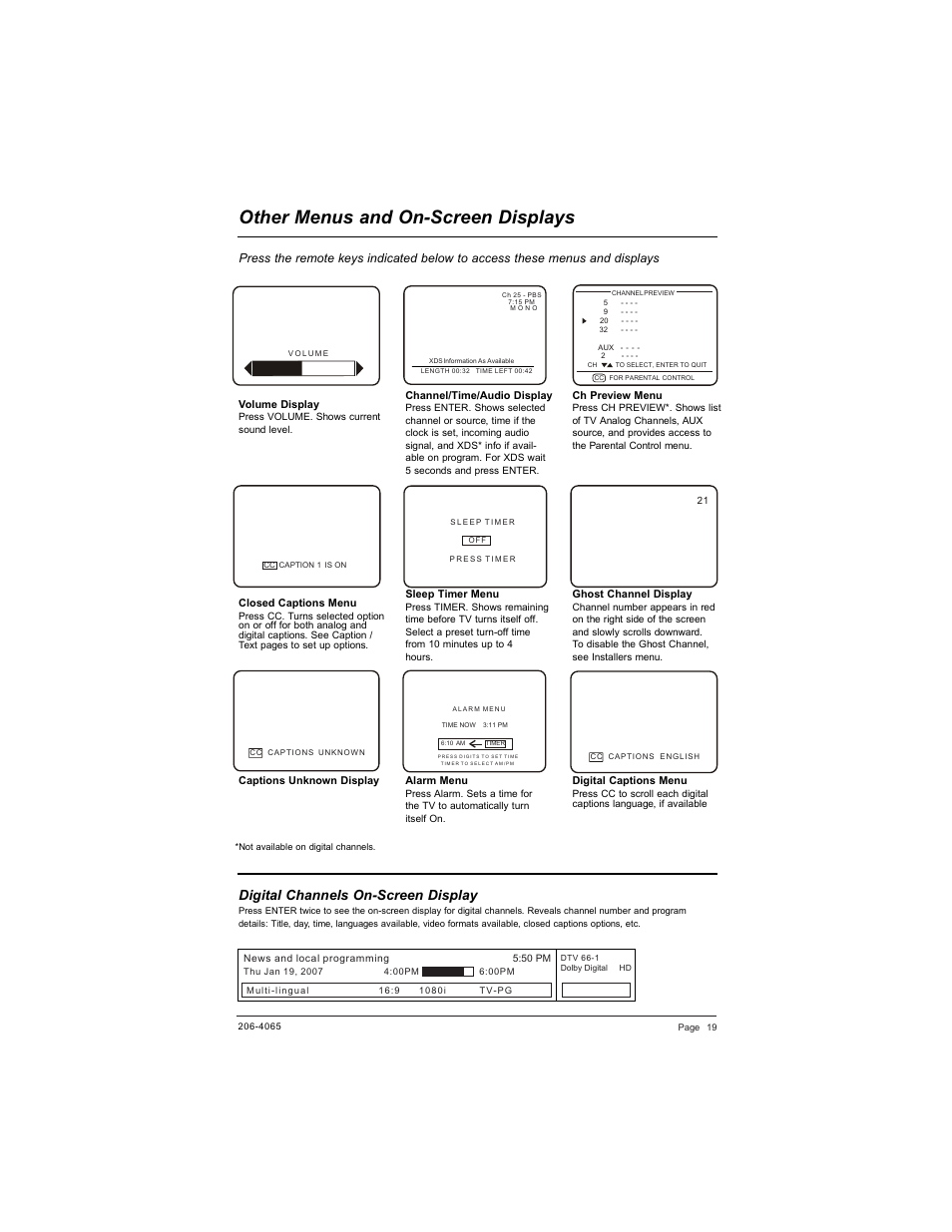 Other menus and on-screen displays, Digital channels on-screen display | Zenith HEALTHVIEW H20J55DT User Manual | Page 19 / 64