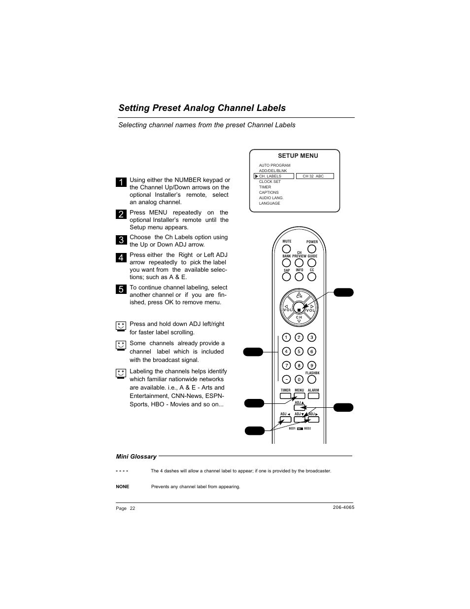 Setting preset analog channel labels | Zenith HEALTHVIEW H20J55DT User Manual | Page 22 / 64