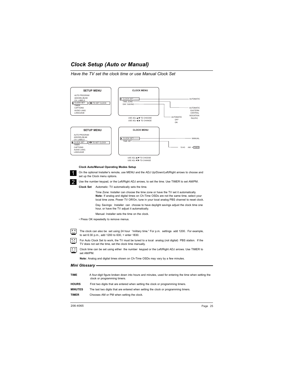 Clock setup (auto or manual), Mini glossary | Zenith HEALTHVIEW H20J55DT User Manual | Page 25 / 64