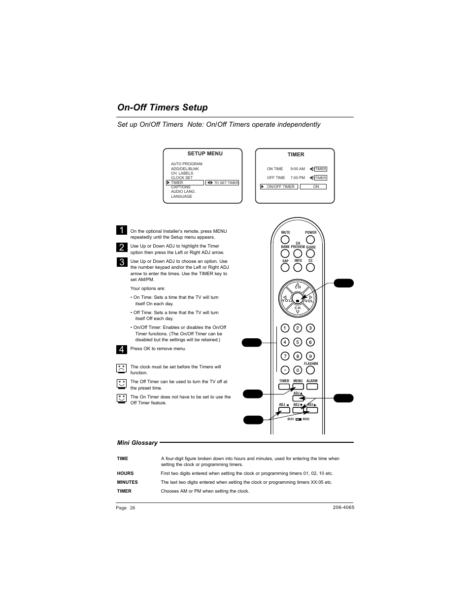 On-off timers setup | Zenith HEALTHVIEW H20J55DT User Manual | Page 26 / 64