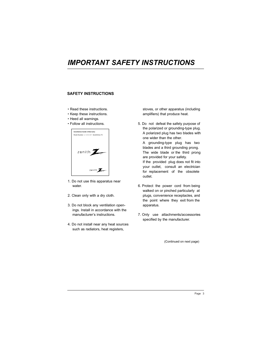 Important safety instructions | Zenith HEALTHVIEW H20J55DT User Manual | Page 3 / 64