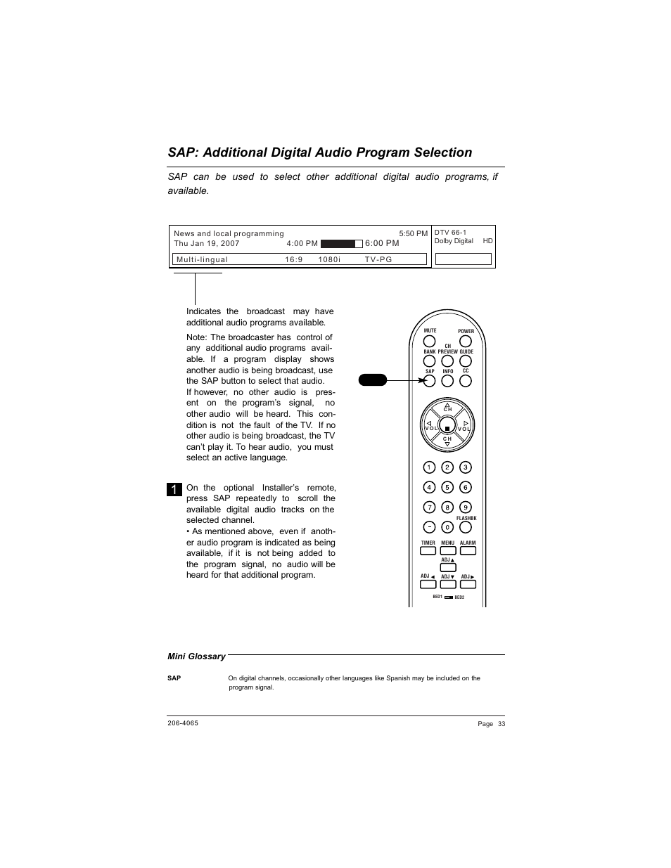 Sap: additional digital audio program selection | Zenith HEALTHVIEW H20J55DT User Manual | Page 33 / 64