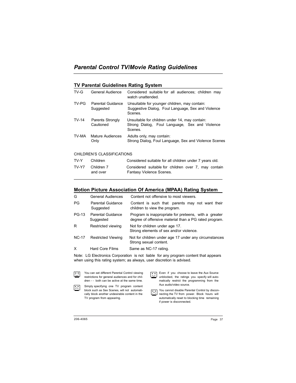 Parental control tv/movie rating guidelines | Zenith HEALTHVIEW H20J55DT User Manual | Page 37 / 64