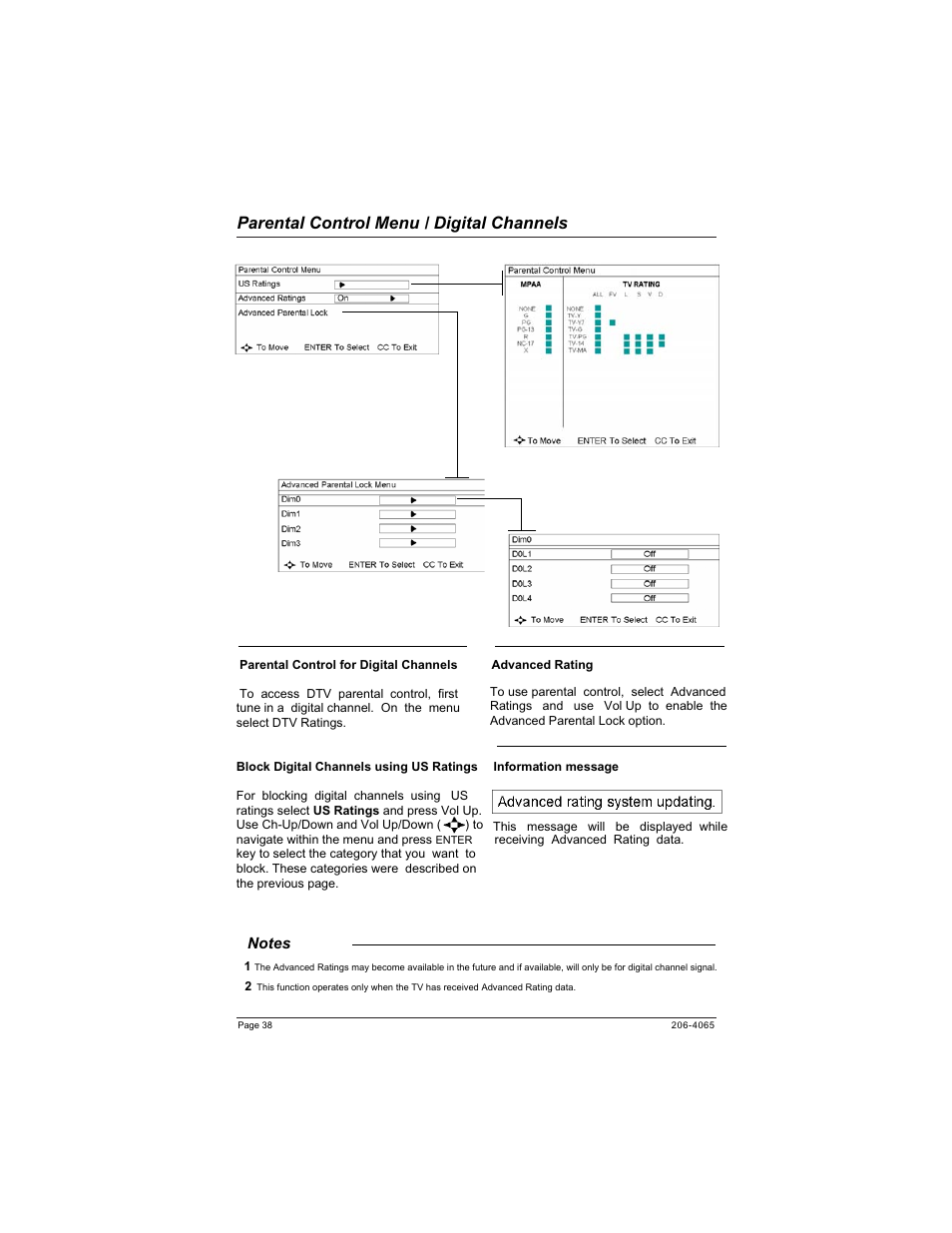 Parental control menu / digital channels | Zenith HEALTHVIEW H20J55DT User Manual | Page 38 / 64