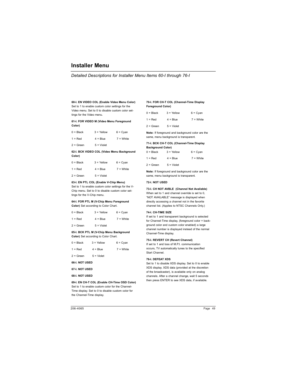 Installer menu | Zenith HEALTHVIEW H20J55DT User Manual | Page 49 / 64