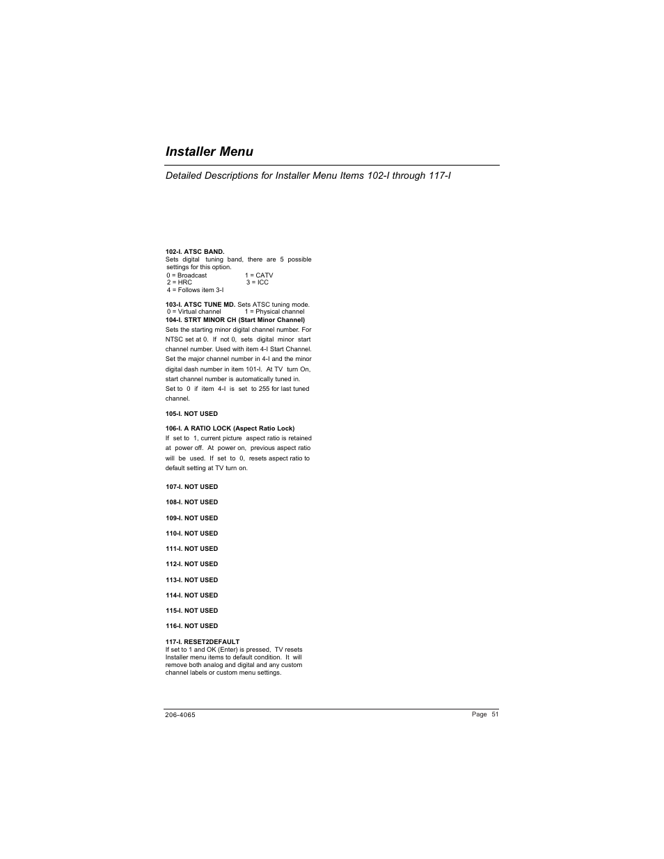 Installer menu | Zenith HEALTHVIEW H20J55DT User Manual | Page 51 / 64