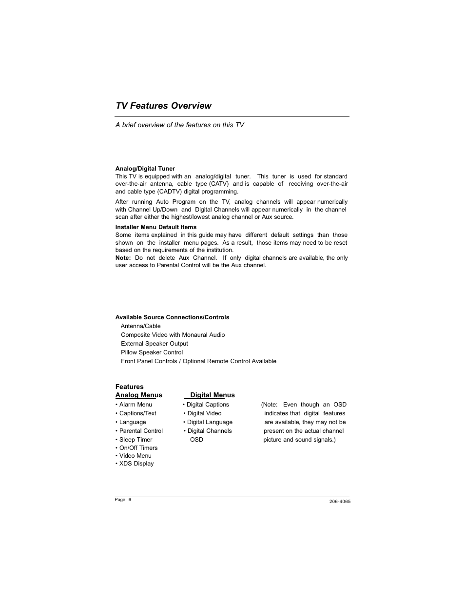 Tv features overview | Zenith HEALTHVIEW H20J55DT User Manual | Page 6 / 64