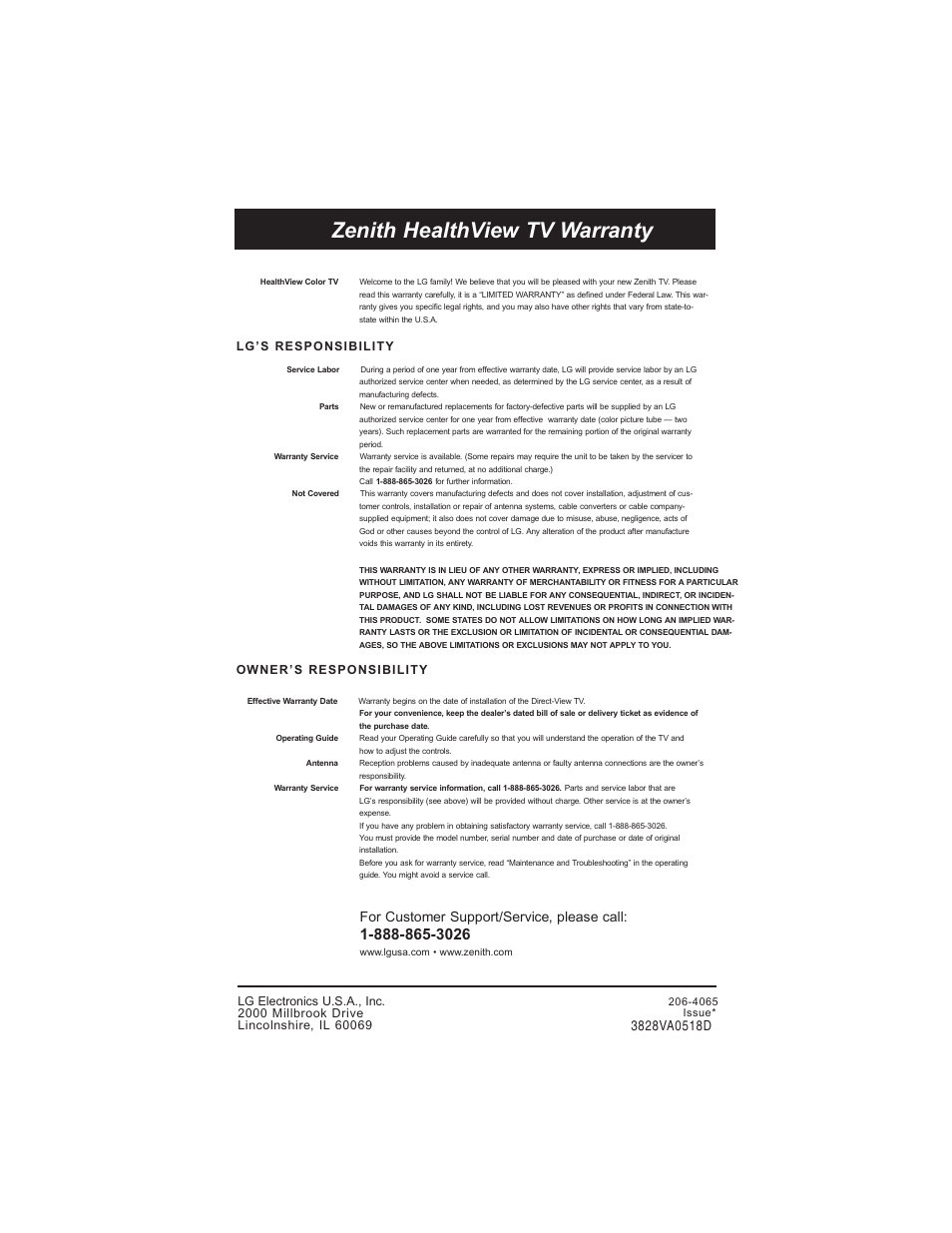 Zenith healthview tv warranty, For customer support/service, please call | Zenith HEALTHVIEW H20J55DT User Manual | Page 64 / 64