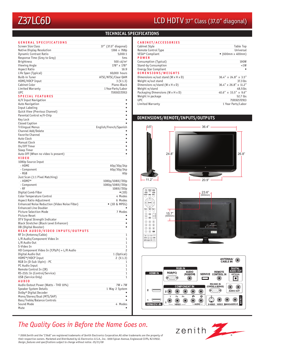 Z37lc6d, Lcd hdtv, The quality goes in before the name goes on | Zenith Z37LC6D User Manual | Page 2 / 2