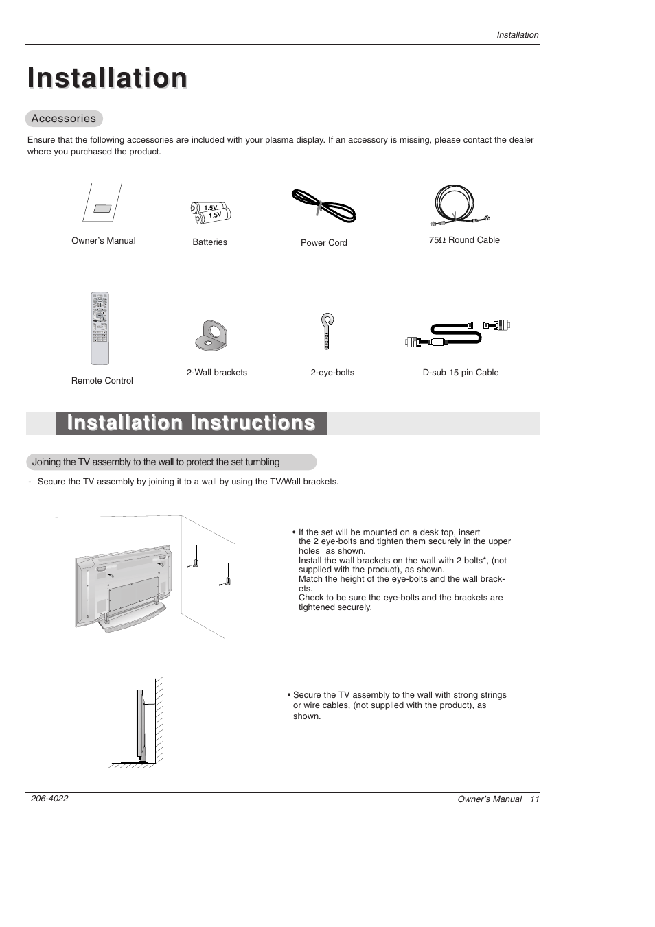 Installation, Installation instructions | Zenith Z42PX21D User Manual | Page 11 / 60