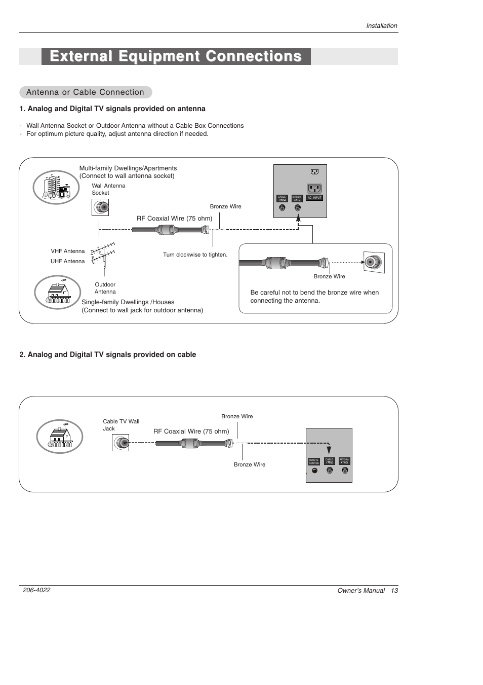 External equipment connections, Antenna or cable connection | Zenith Z42PX21D User Manual | Page 13 / 60