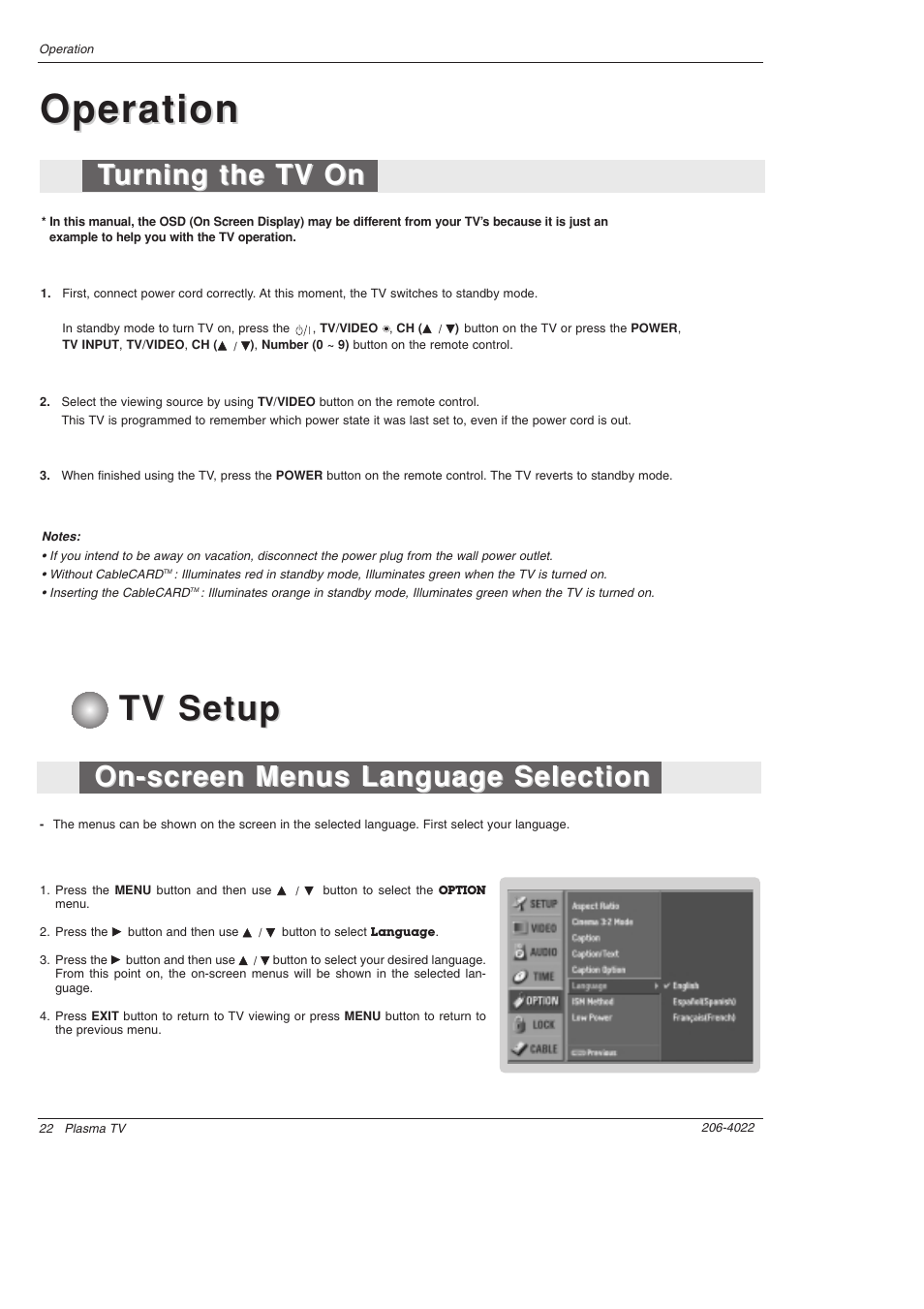 Operation, Tv setup, On-screen menus language selection | Turning the tv on urning the tv on | Zenith Z42PX21D User Manual | Page 22 / 60