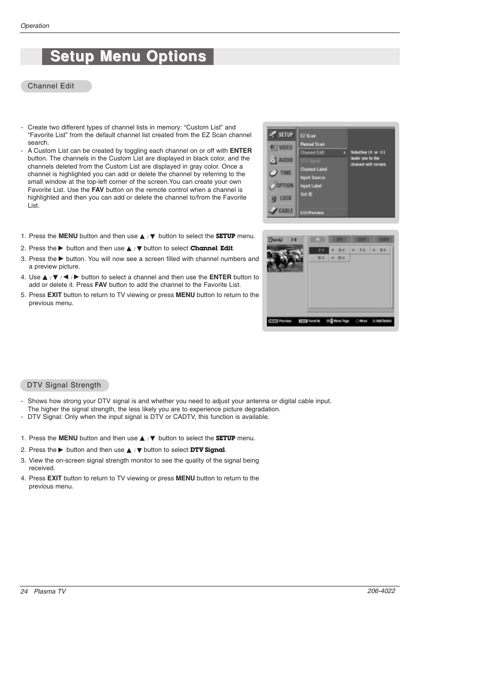 Setup menu options | Zenith Z42PX21D User Manual | Page 24 / 60