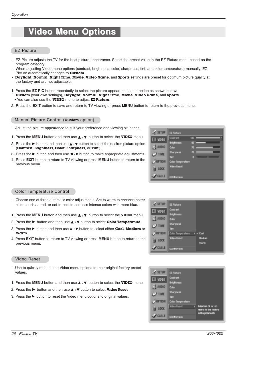 Video menu options ideo menu options | Zenith Z42PX21D User Manual | Page 26 / 60