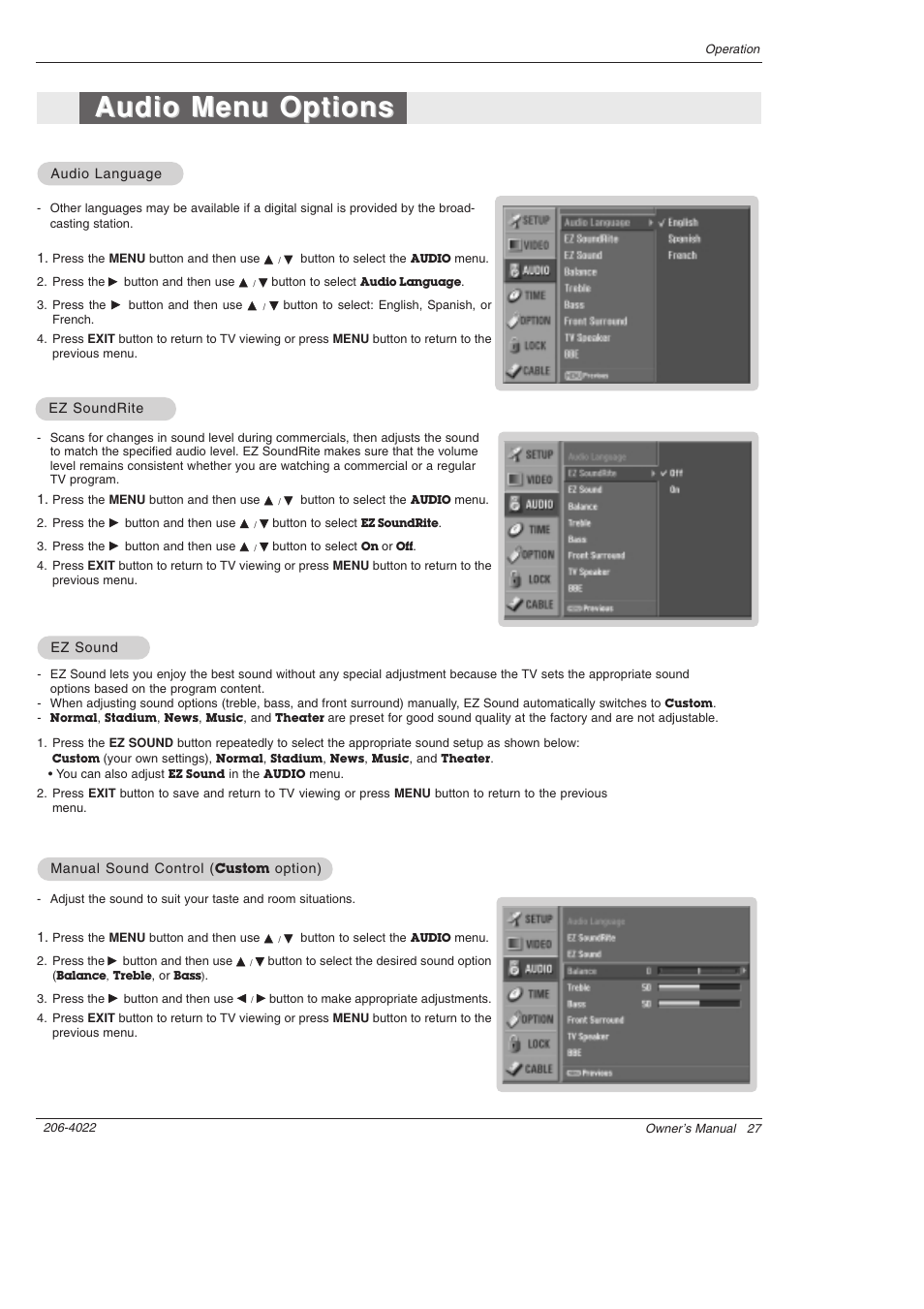 Audio menu options | Zenith Z42PX21D User Manual | Page 27 / 60