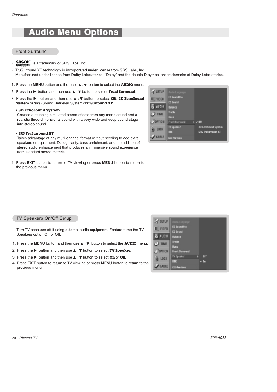 Audio menu options | Zenith Z42PX21D User Manual | Page 28 / 60