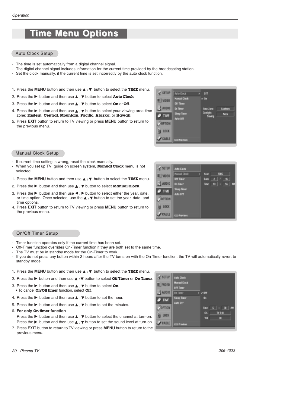 Time menu options ime menu options | Zenith Z42PX21D User Manual | Page 30 / 60