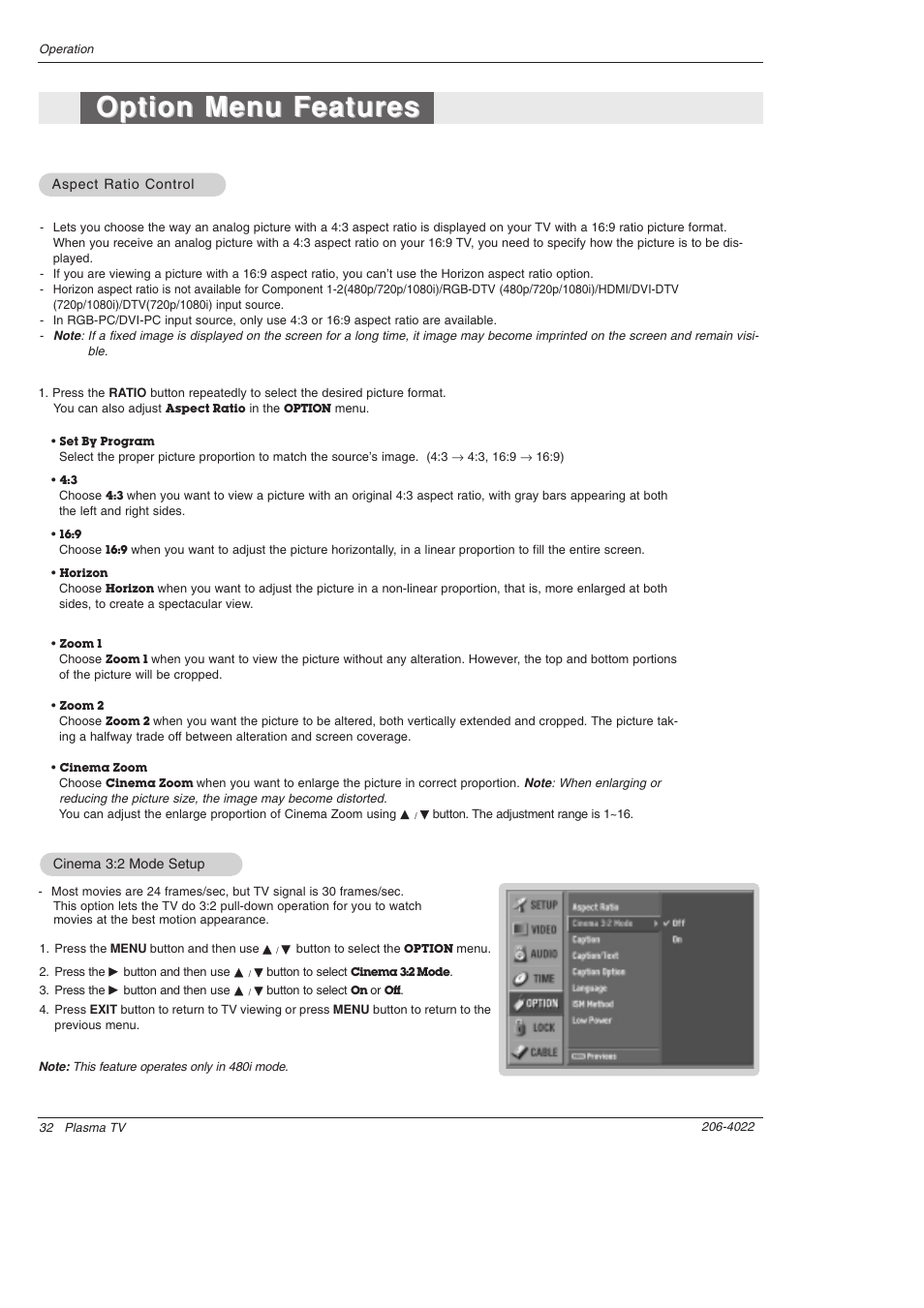 Option menu features | Zenith Z42PX21D User Manual | Page 32 / 60