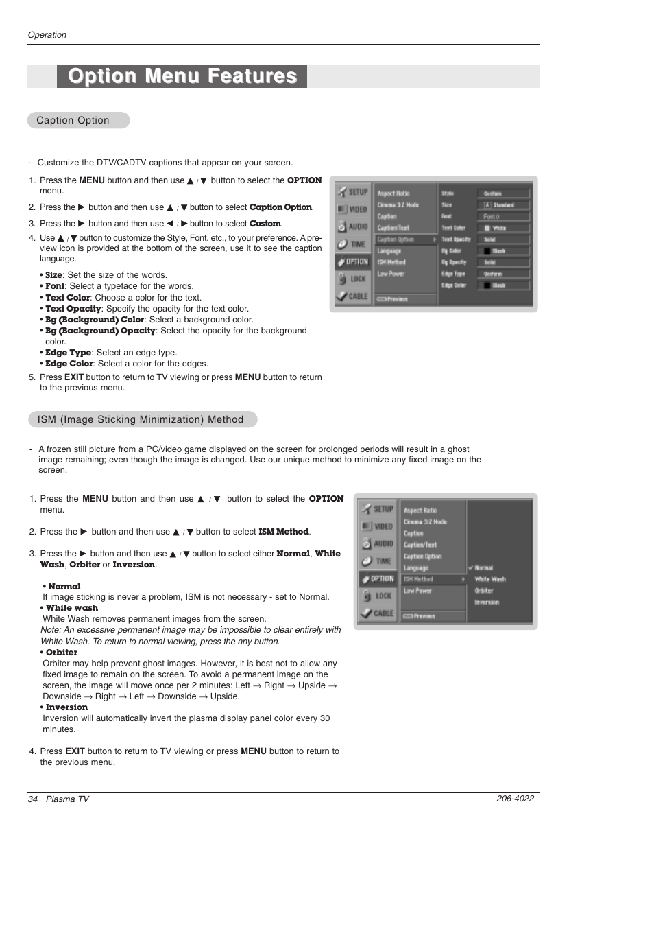 Option menu features | Zenith Z42PX21D User Manual | Page 34 / 60