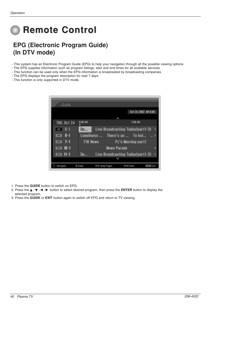 Remote control, Epg (electronic program guide) (in dtv mode) | Zenith Z42PX21D User Manual | Page 40 / 60