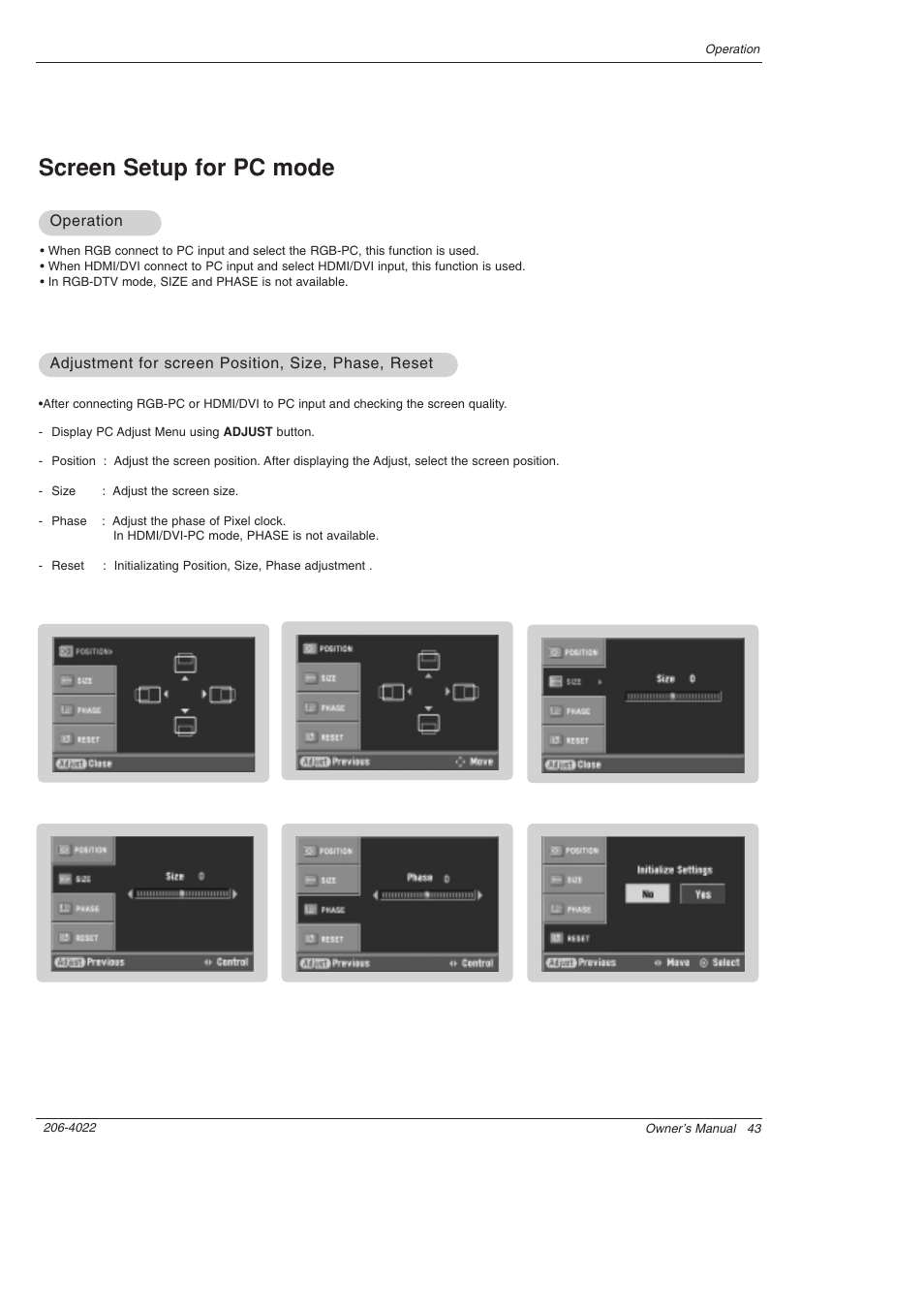 Screen setup for pc mode | Zenith Z42PX21D User Manual | Page 43 / 60