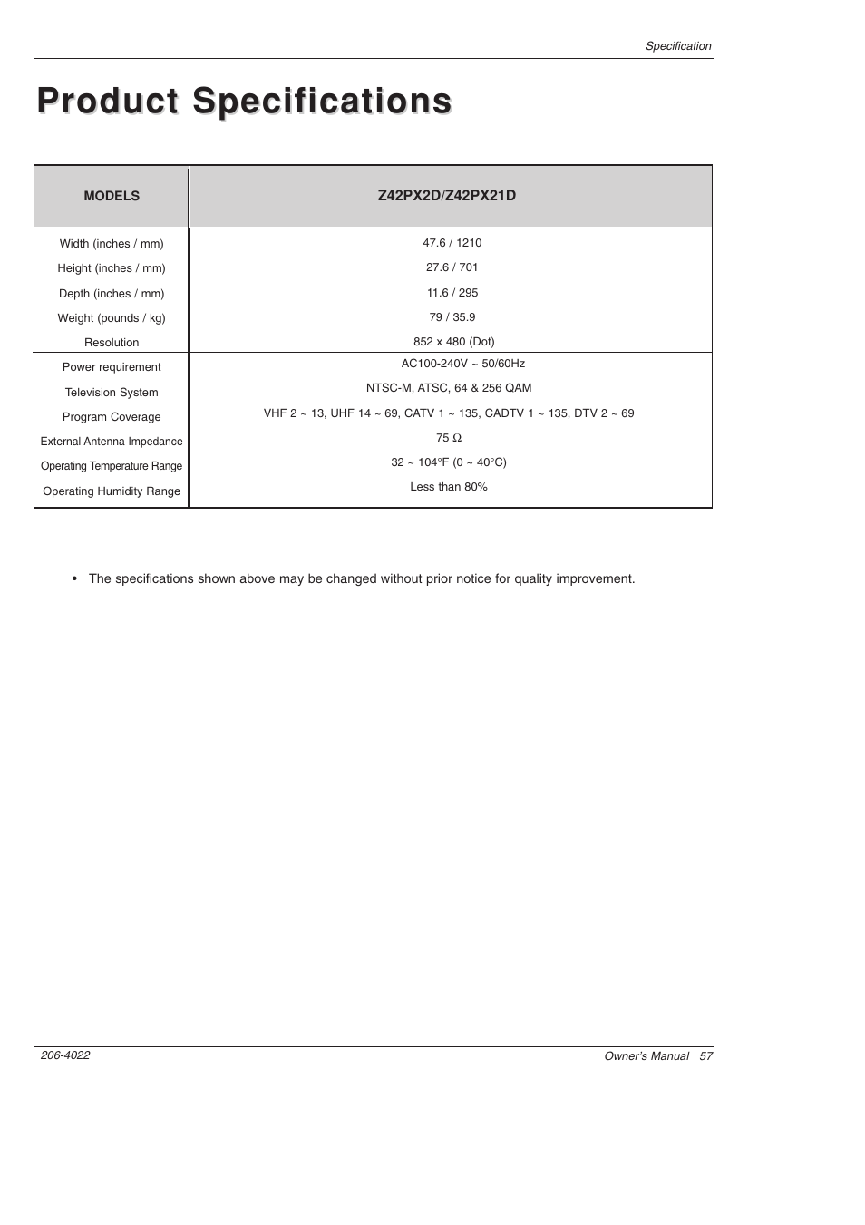 Product specifications | Zenith Z42PX21D User Manual | Page 57 / 60